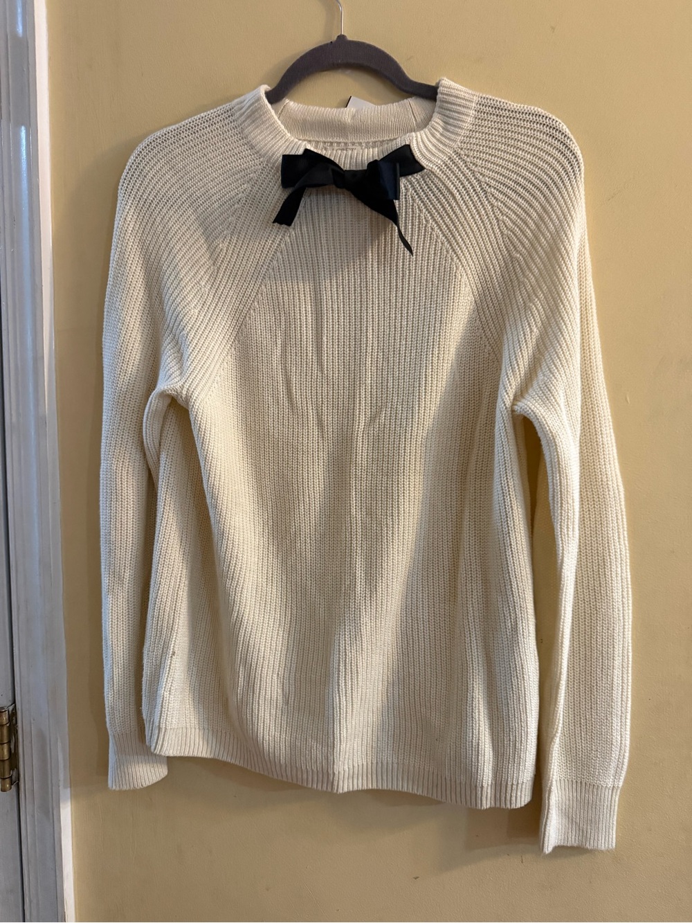 J Crew Factory Cream Crewneck Sweater with Black Bow Accent, medium
